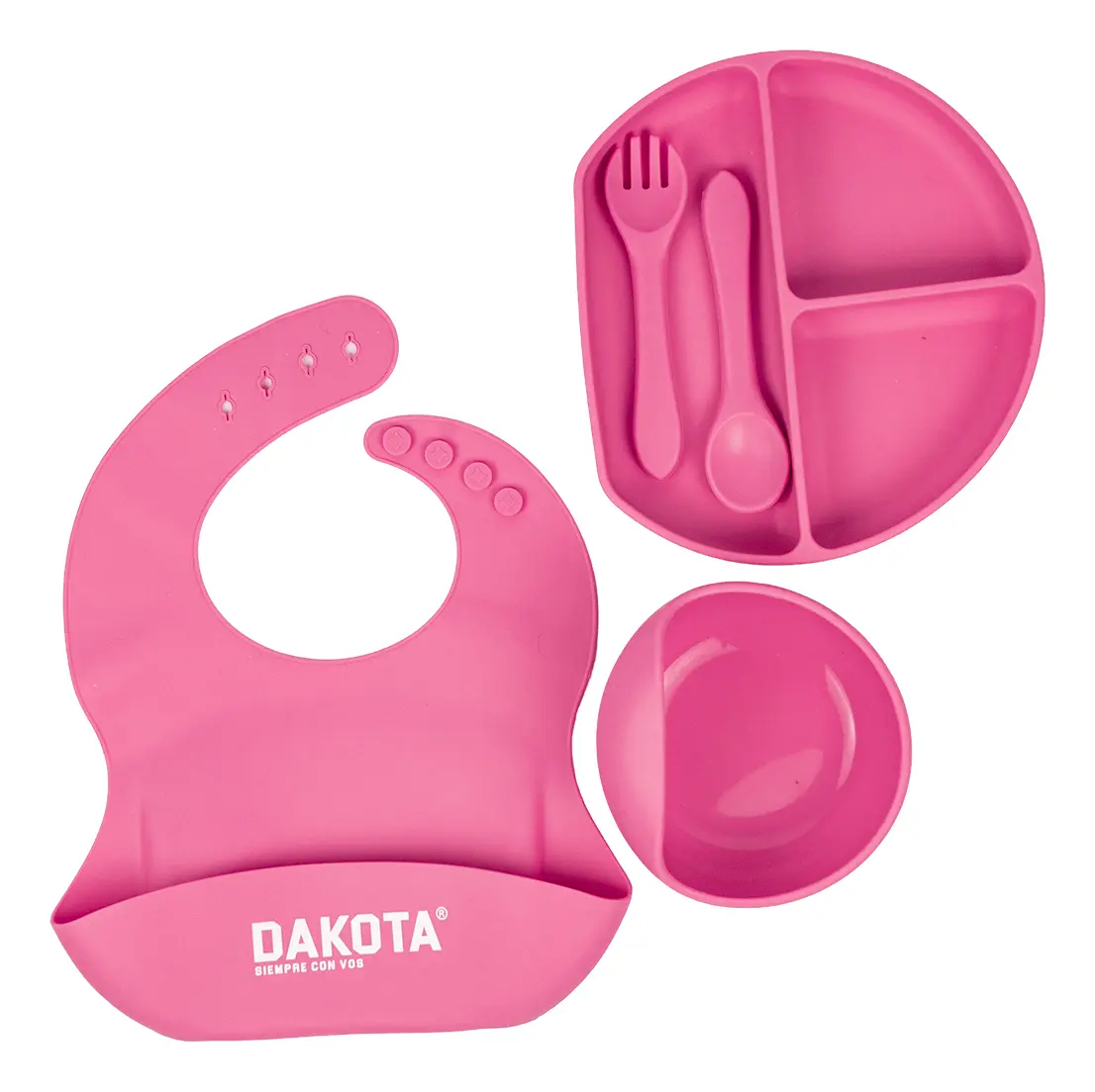 Set Plato Cubiertos Babero Silicona Dakota Completo 5 Piezas Color Rosa