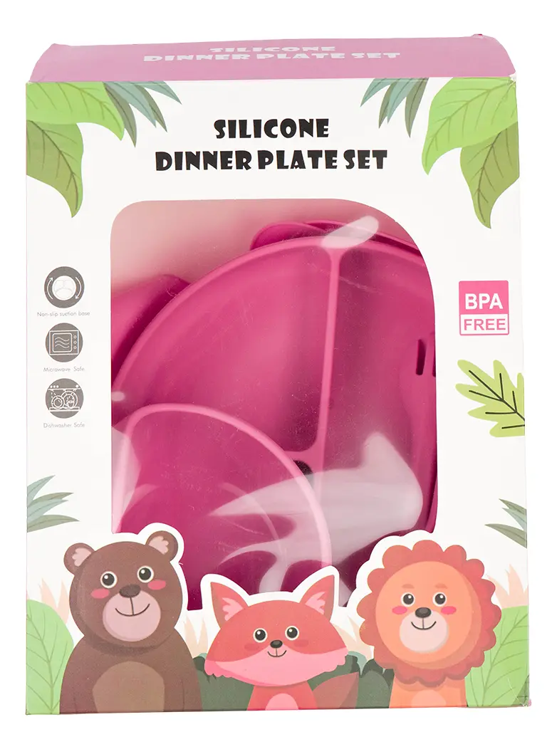Set Plato Cubiertos Babero Silicona Dakota Completo 5 Piezas Color Rosa