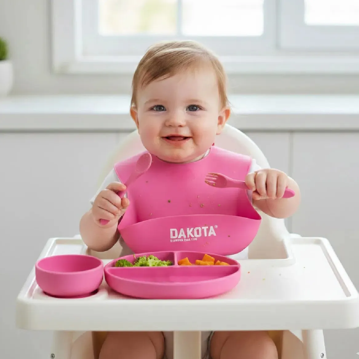 Set Plato Cubiertos Babero Silicona Dakota Completo 5 Piezas Color Rosa