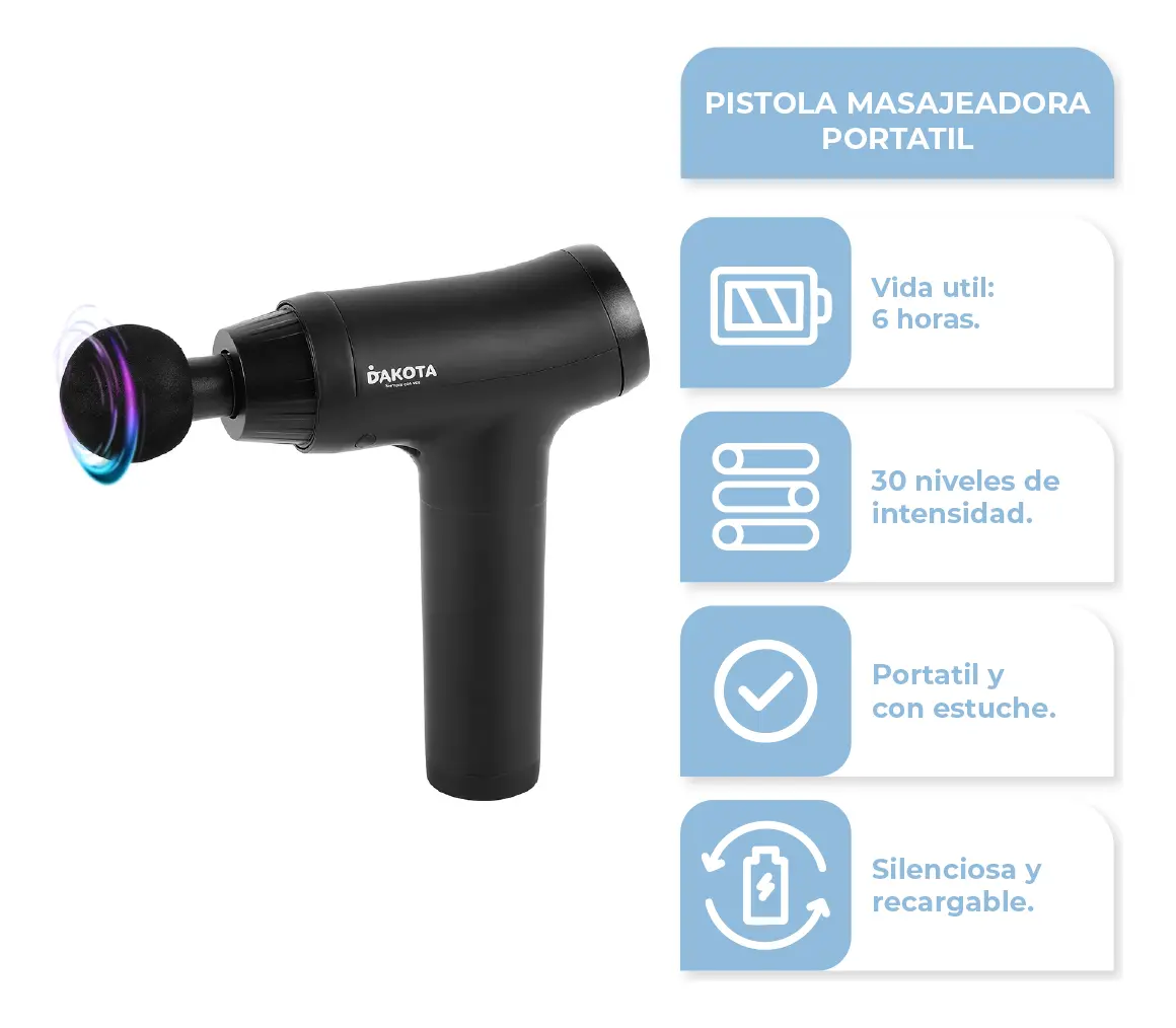 Pistola Masajeadora Dakota Portátil 6 Modos Color Negro