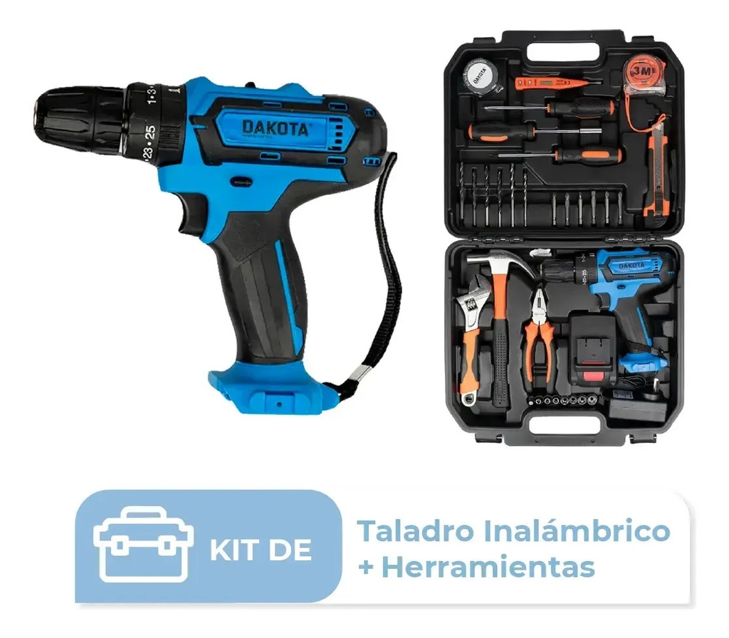 Taladro Destornillador Inalámbrico Dakota 21v + Batería + Set Herramientas Hogar Azul