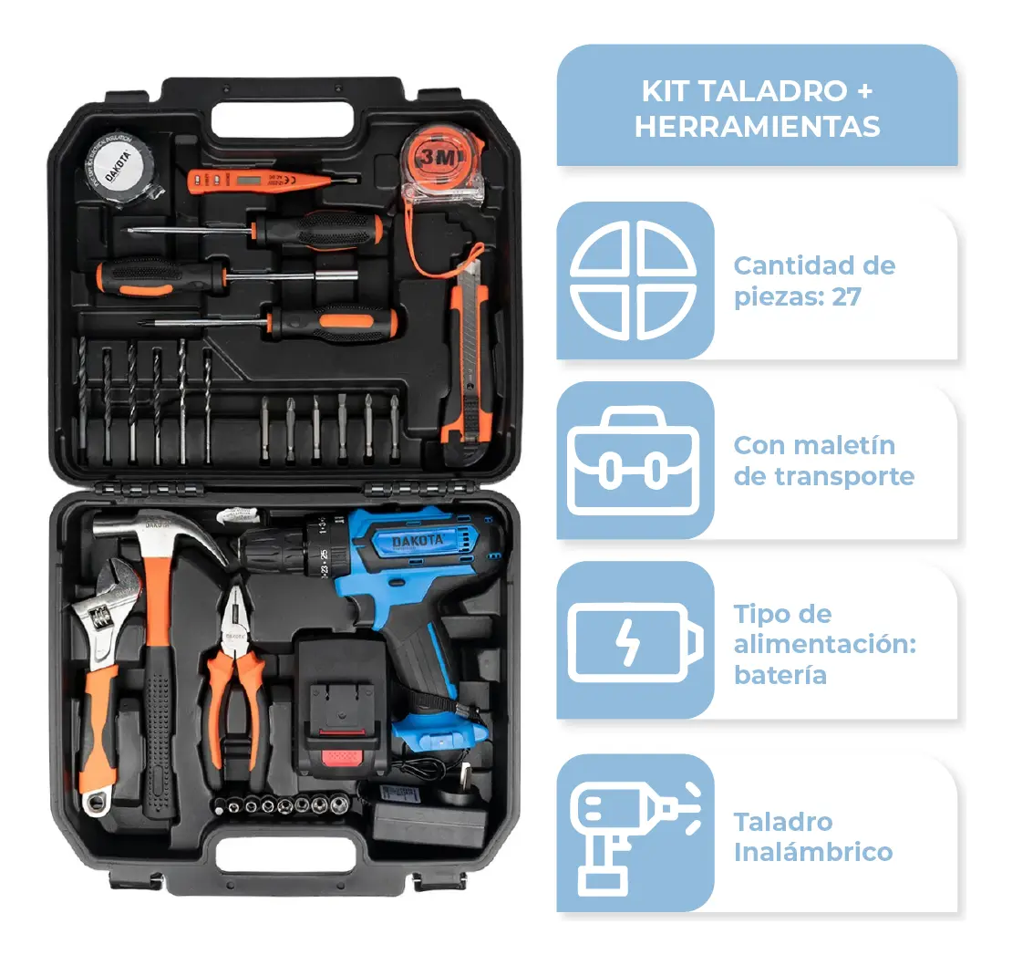 Taladro Destornillador Inalámbrico Dakota 21v + Batería + Set Herramientas Hogar Azul