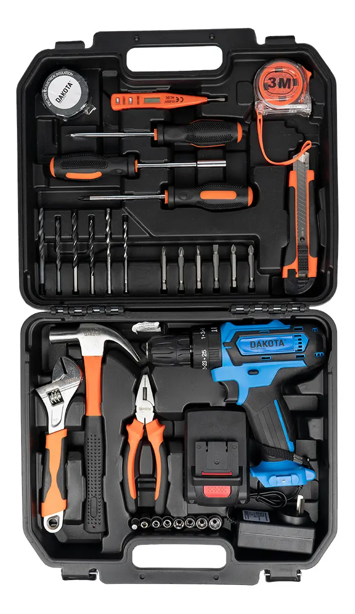 Taladro Destornillador Inalámbrico Dakota 21v + Batería + Set Herramientas Hogar Azul
