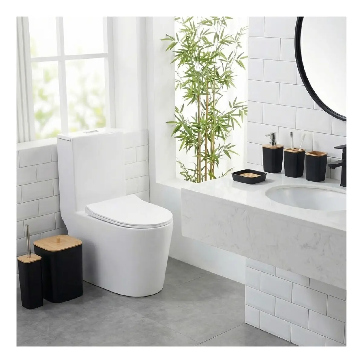 Set De Baño Accesorios 6 Piezas Dakota Bambú Color Negro