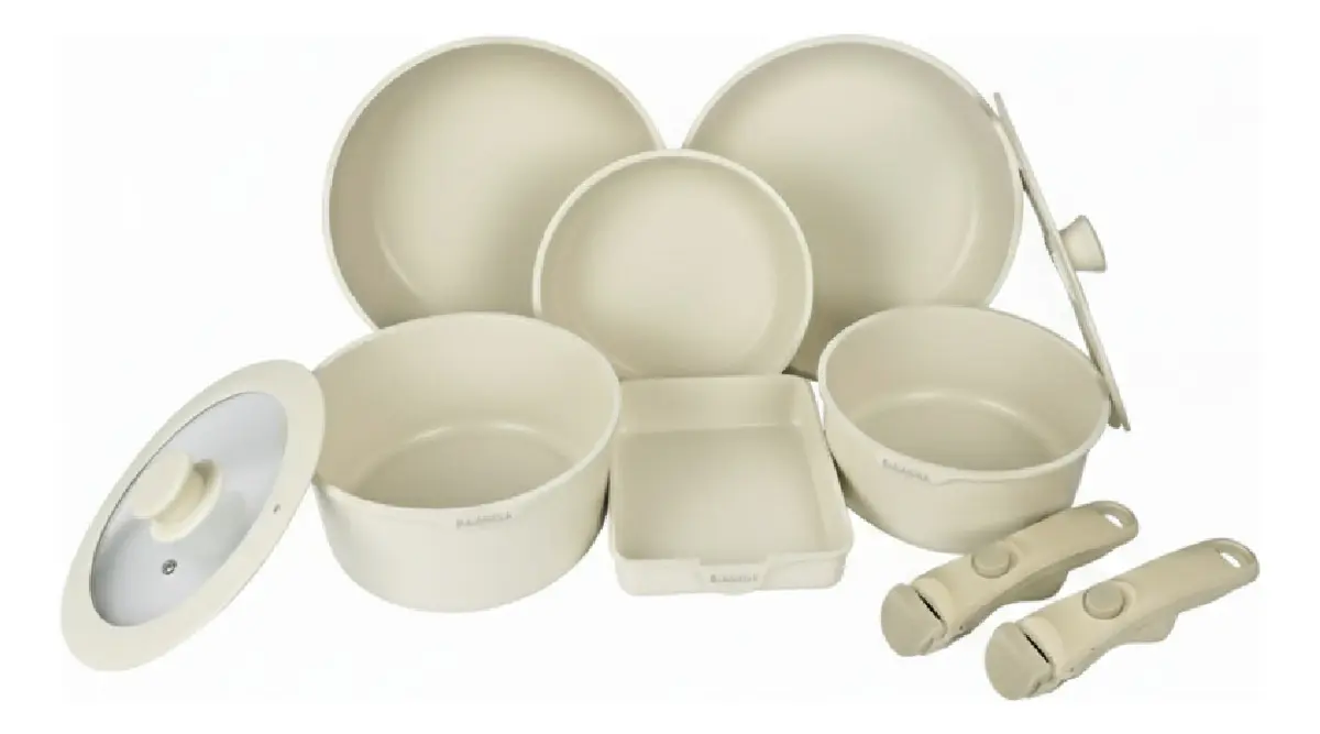 Set Batería Cocina 10 Piezas Dakota Cacerolas Mangos Desmontables Crema