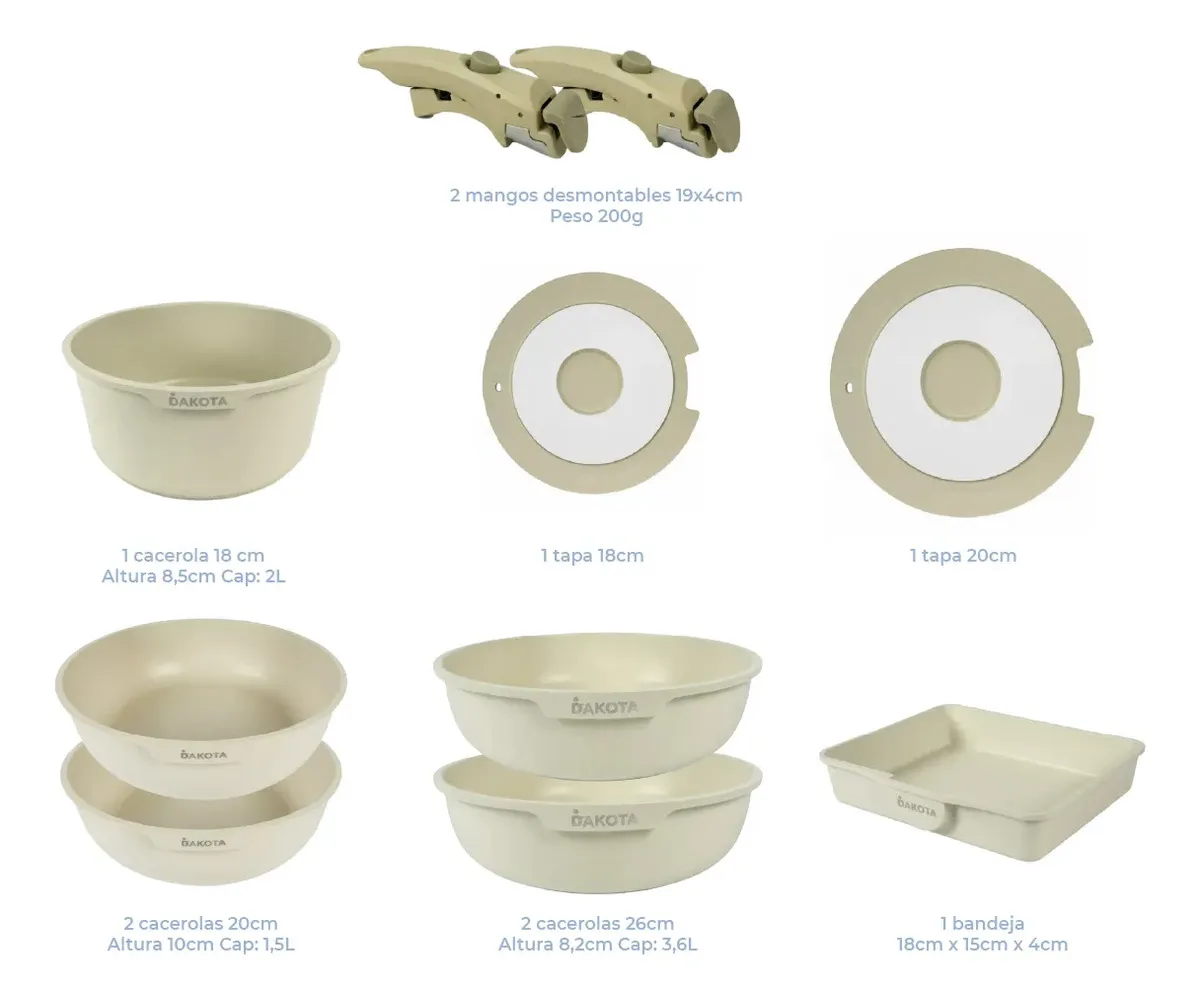 Set Batería Cocina 10 Piezas Dakota Cacerolas Mangos Desmontables Crema