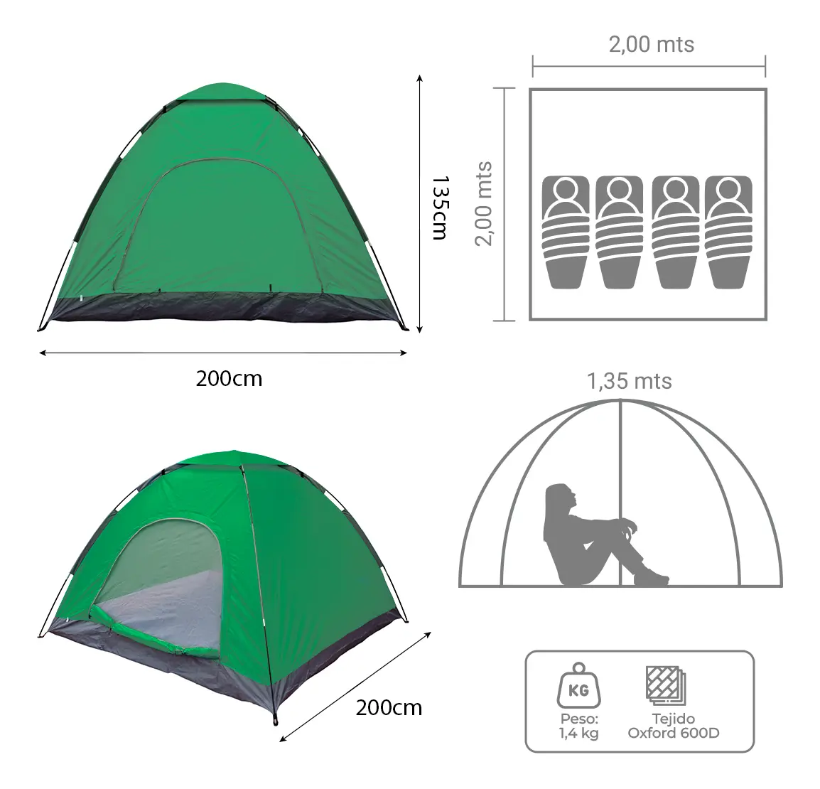 Carpa 4 Personas Dakota Autoarmable Automática 200x200x135cm Color Verde