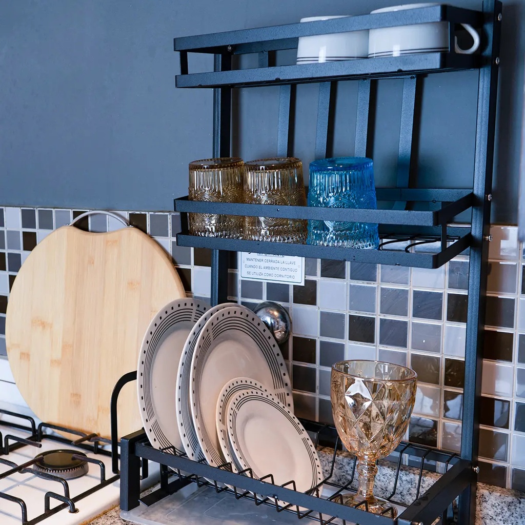 Secaplatos 3 Niveles Dakota Hogar Con Bandeja Porta Cubiertos Ideal Cocina Organizador Negro Mate