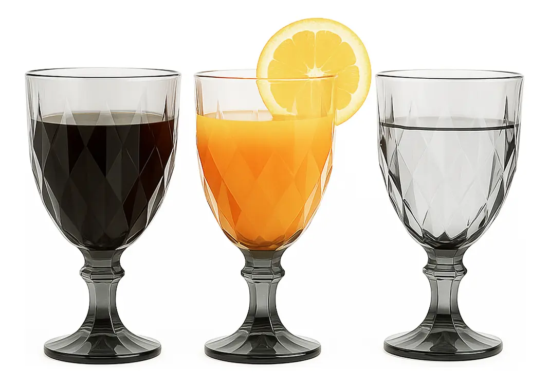 Set X6 Copas Vidrio Tallado Dakota Elegante Vintage Color Gris Oscuro