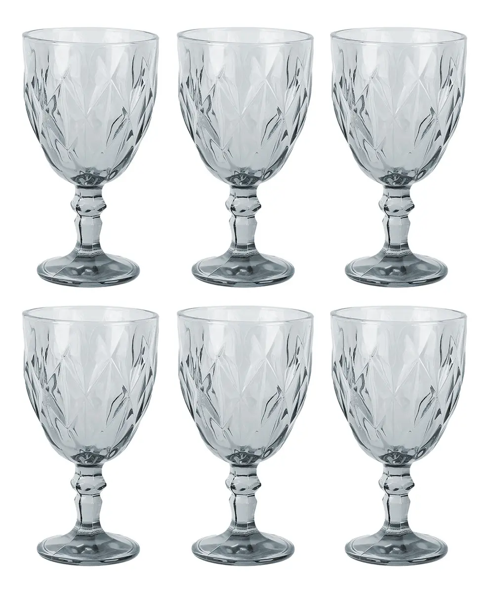 Set X6 Copas Vidrio Tallado Dakota Elegante Vintage Color Gris Oscuro