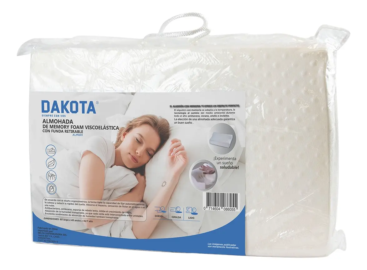 Almohada Inteligente Viscoelástica Cervical 40x60 Dakota Alm001 Con Funda Blanco