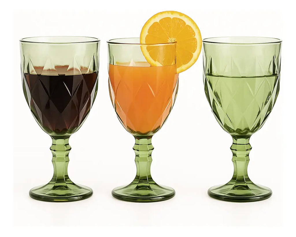 Set X6 Copas Vidrio Tallado Dakota Elegante Vintage Color Verde