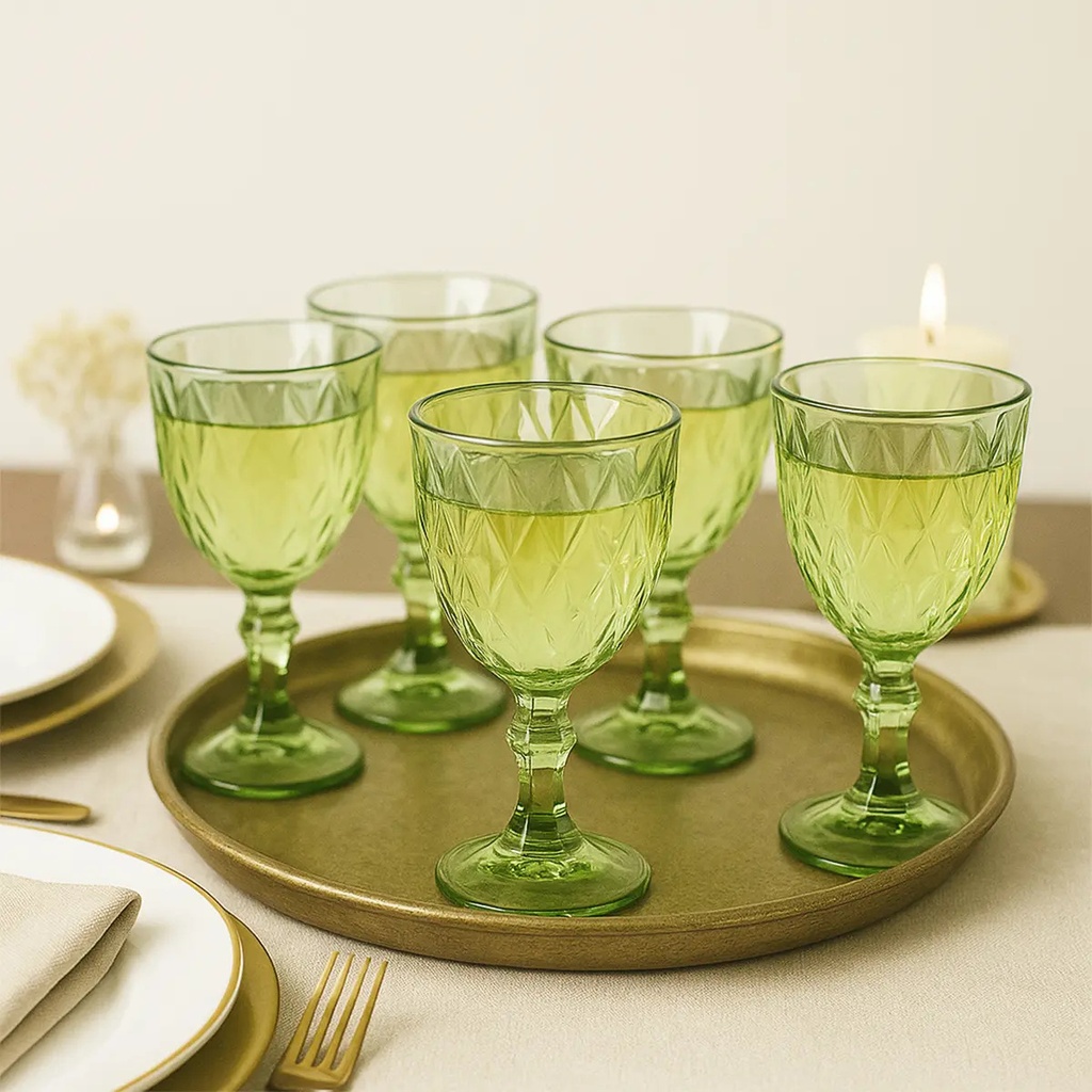 Set X6 Copas Vidrio Tallado Dakota Elegante Vintage Color Verde