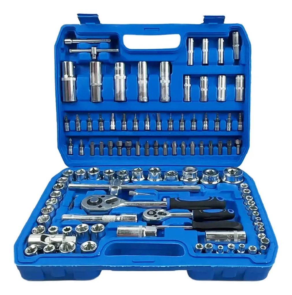 Set De Herramientas 108 Piezas Llaves Tubo Y Puntas Con Valija Completa Profesional Azul