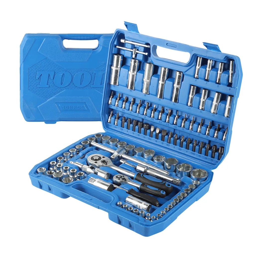 Set De Herramientas 108 Piezas Llaves Tubo Y Puntas Con Valija Completa Profesional Azul