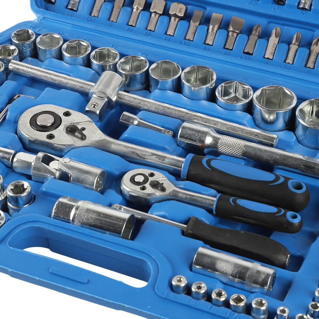 Set De Herramientas 108 Piezas Llaves Tubo Y Puntas Con Valija Completa Profesional Azul