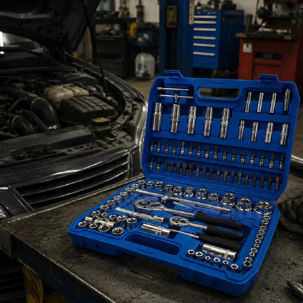 Set De Herramientas 108 Piezas Llaves Tubo Y Puntas Con Valija Completa Profesional Azul