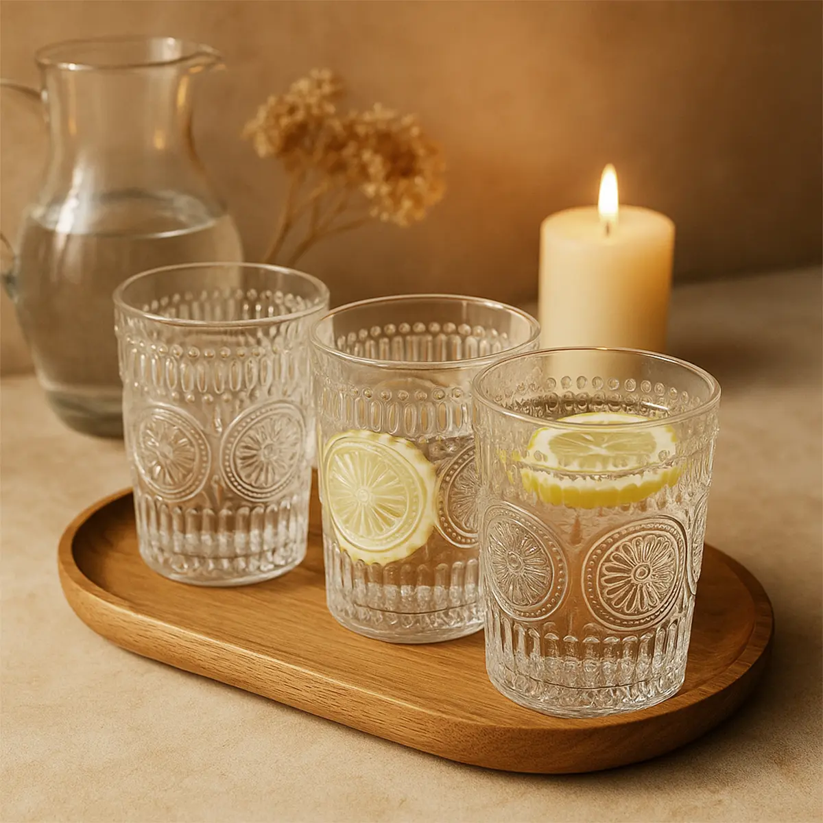 Set X6 Vasos Vidrio Tallado 300ml Dakota Elegantes Apto Lavavajillas Trasparente