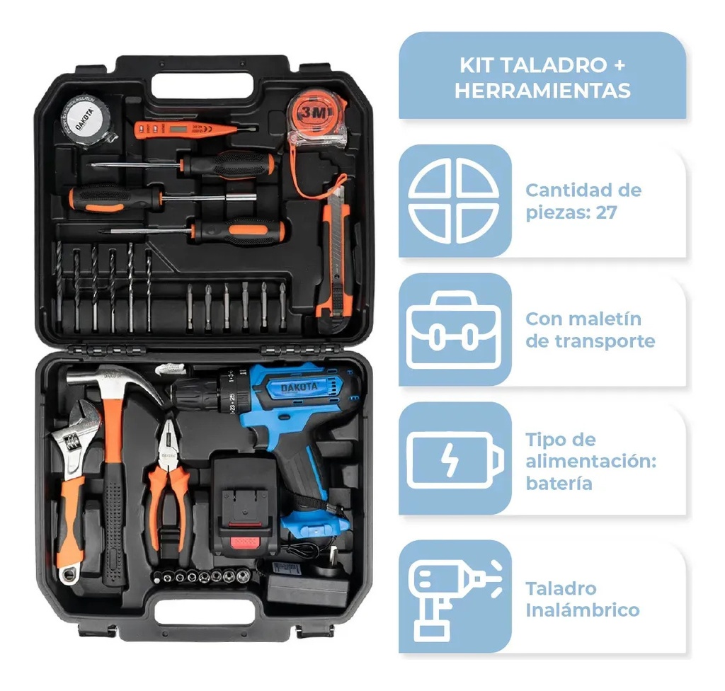 Combo Taladro Destornillador Inalámbrico Dakota 21v + Set Herramientas 108 Piezas Con Valija Llaves Tubo Puntas Kit Profesional Hogar