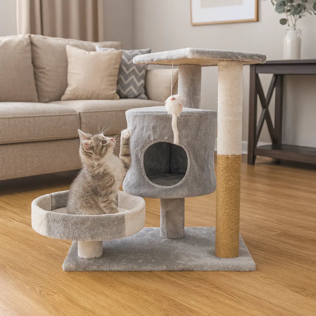 Gimnasio Rascador Para Gatos + Juguete Bajo Dakota Felpa Sisal Blanco-gris