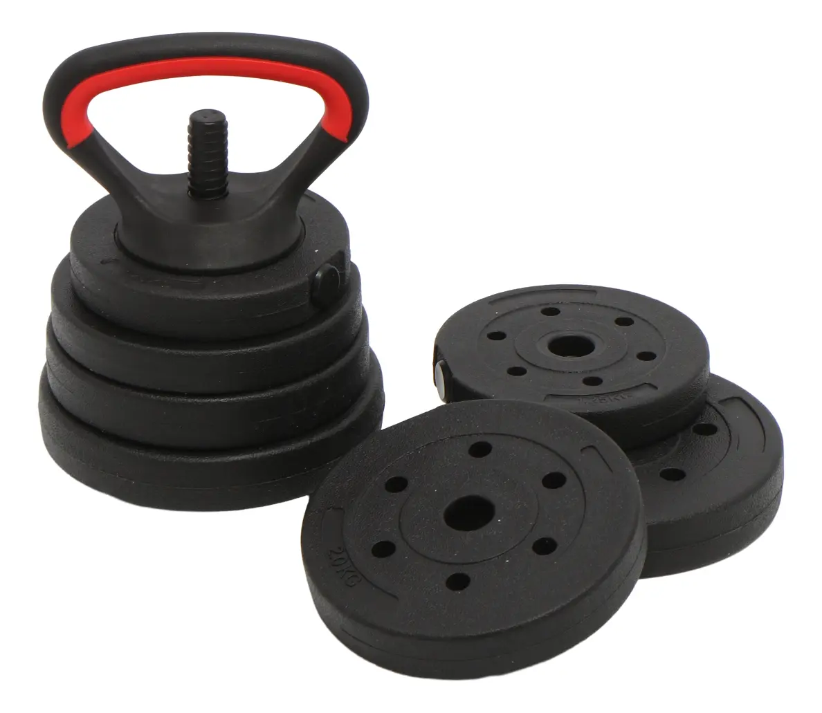 Kit Mancuernas + Pesas Rusas Dakota 20kgs Con Discos Pvc Con Tope A Rosca Negro-rojo
