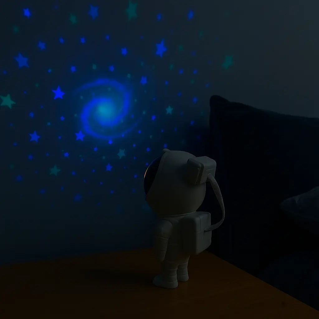 Astronauta Proyector Velador Dakota Galaxia Estrellas Lampara Luz Led Control Remoto Estructura Blanca Blanco Negro