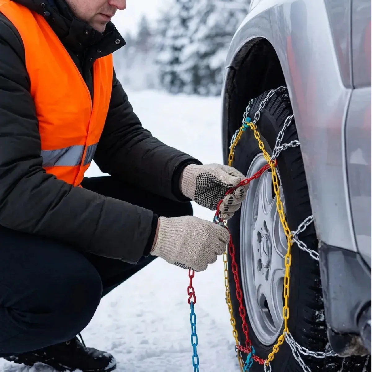 Combo Cadenas Para Nieve + Guantes + Chaleco Reflector + Linterna Led De Regalo