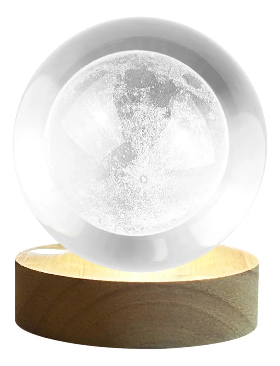 Esfera De Cristal 3d Dakota Luna Lampara Led Usb Luz Noche Estructura Marrón Madera