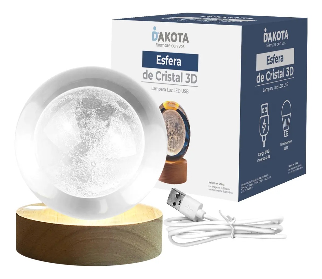 Esfera De Cristal 3d Dakota Luna Lampara Led Usb Luz Noche Estructura Marrón Madera