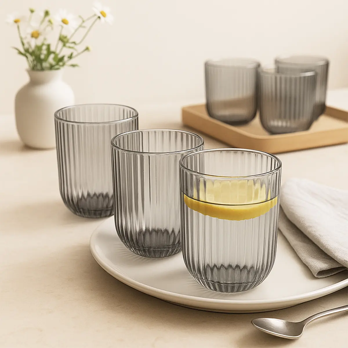 Set X6 Vasos De Vidrio Trasparentes Dakota Con Líneas Premium Color Gris Oscuro