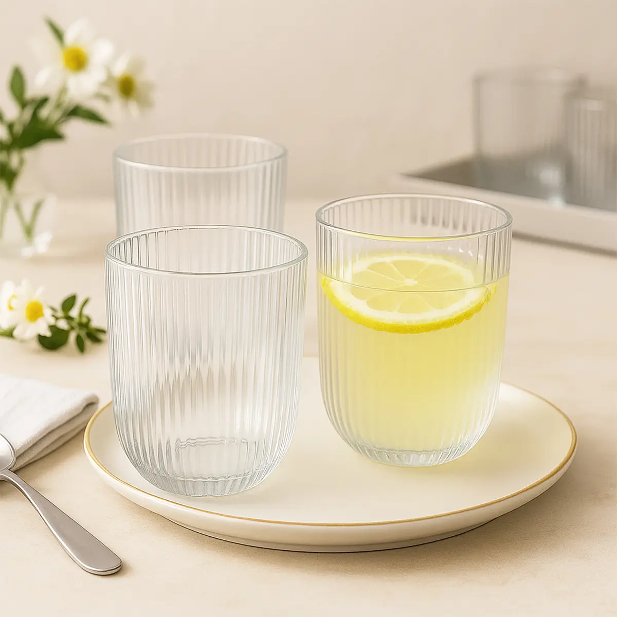 Set X6 Vasos De Vidrio Trasparentes Dakota Con Líneas Premium Color Trasparente