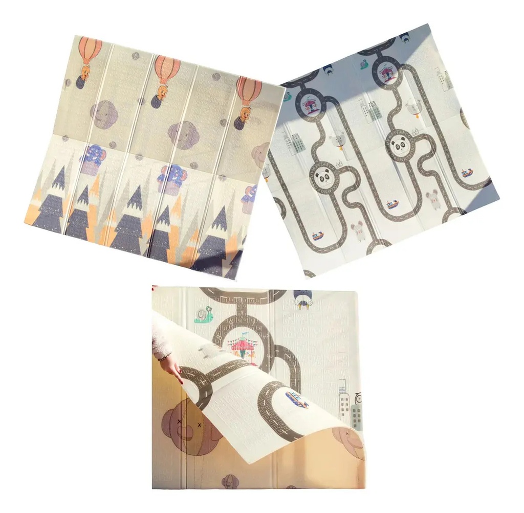 Alfombra Pillow Antigolpes Bebes 200x180 Reversible + Bolso Elefantes Pandas