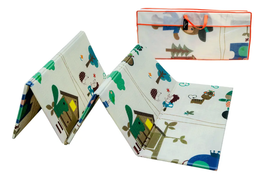 Alfombra Pillow Antigolpes Bebes 200x180 Reversible + Bolso Ardillas Venados