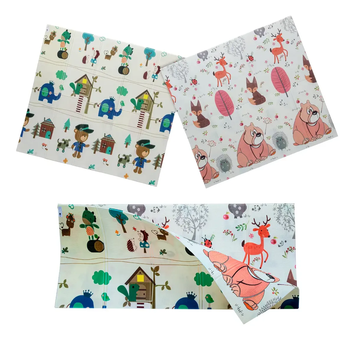 Alfombra Pillow Antigolpes Bebes 200x180 Reversible + Bolso Ardillas Venados