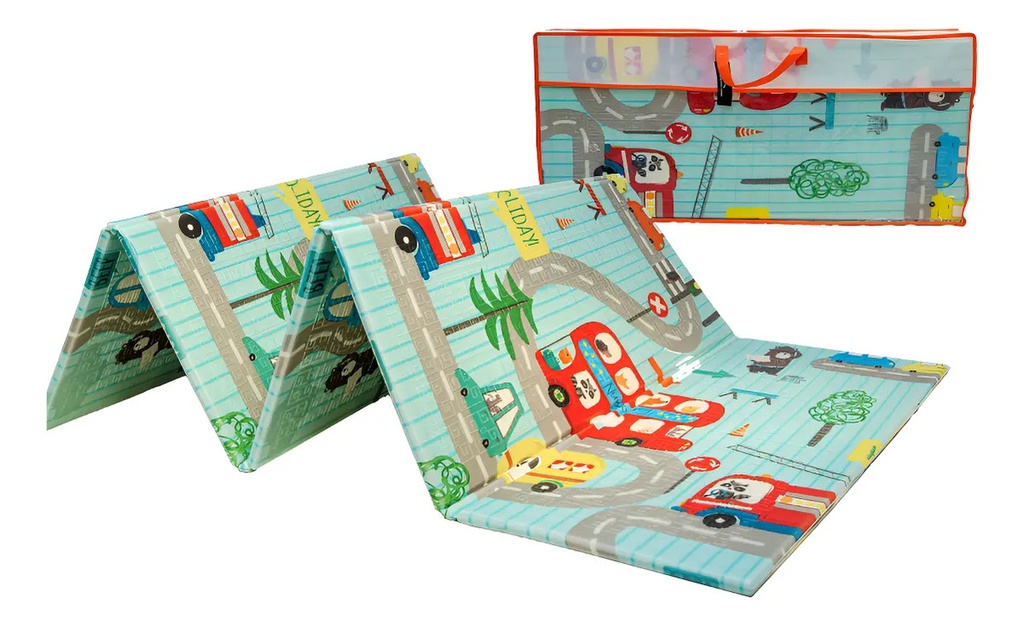Alfombra Pillow Antigolpes Bebes 200x180 Reversible + Bolso Autobus Aviones
