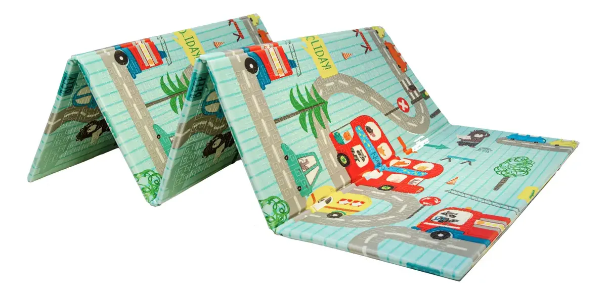 Alfombra Pillow Antigolpes Bebes 200x180 Reversible + Bolso Autobus Aviones