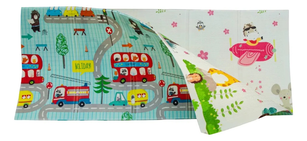 Alfombra Pillow Antigolpes Bebes 200x180 Reversible + Bolso Autobus Aviones