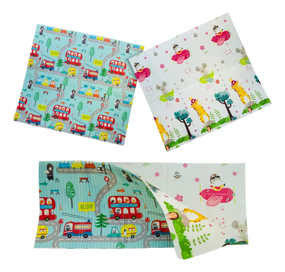 Alfombra Pillow Antigolpes Bebes 200x180 Reversible + Bolso Autobus Aviones