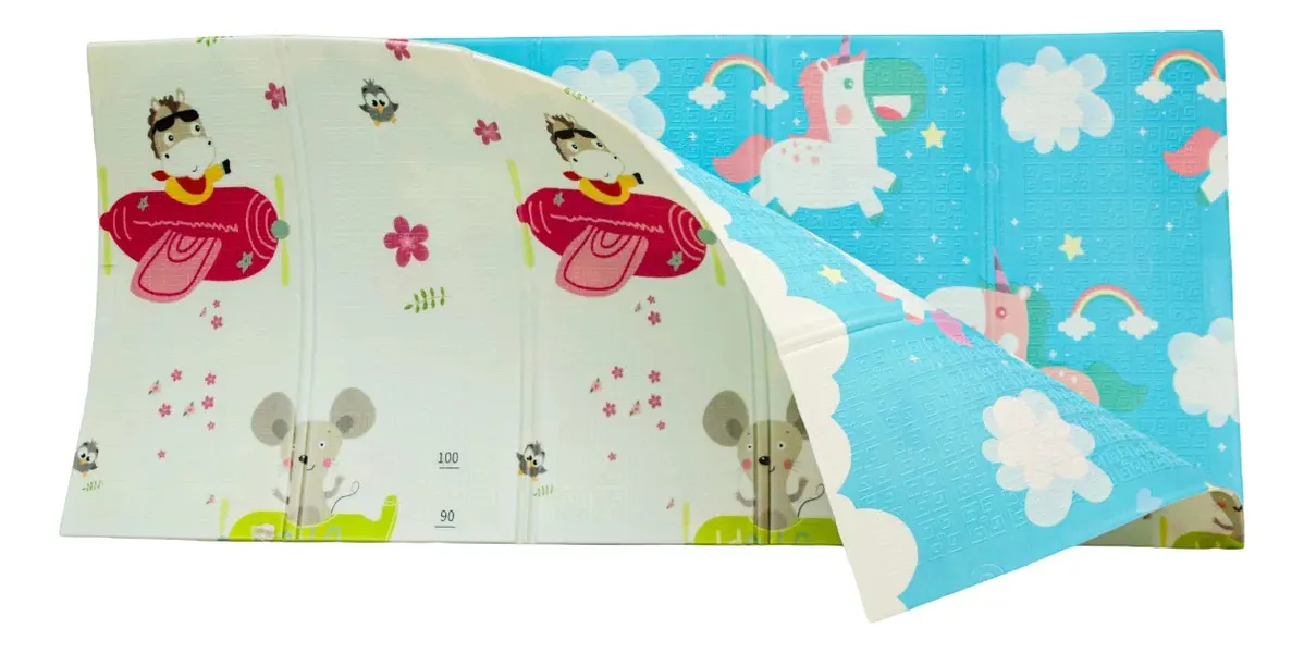 Alfombra Pillow Antigolpes Bebes 200x180 Reversible + Bolso Aviones Unicornios