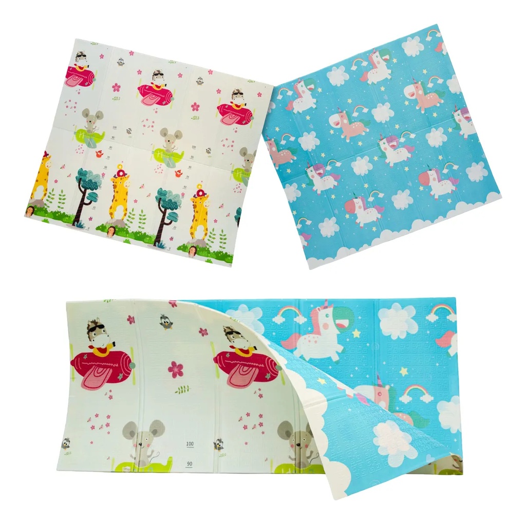 Alfombra Pillow Antigolpes Bebes 200x180 Reversible + Bolso Aviones Unicornios