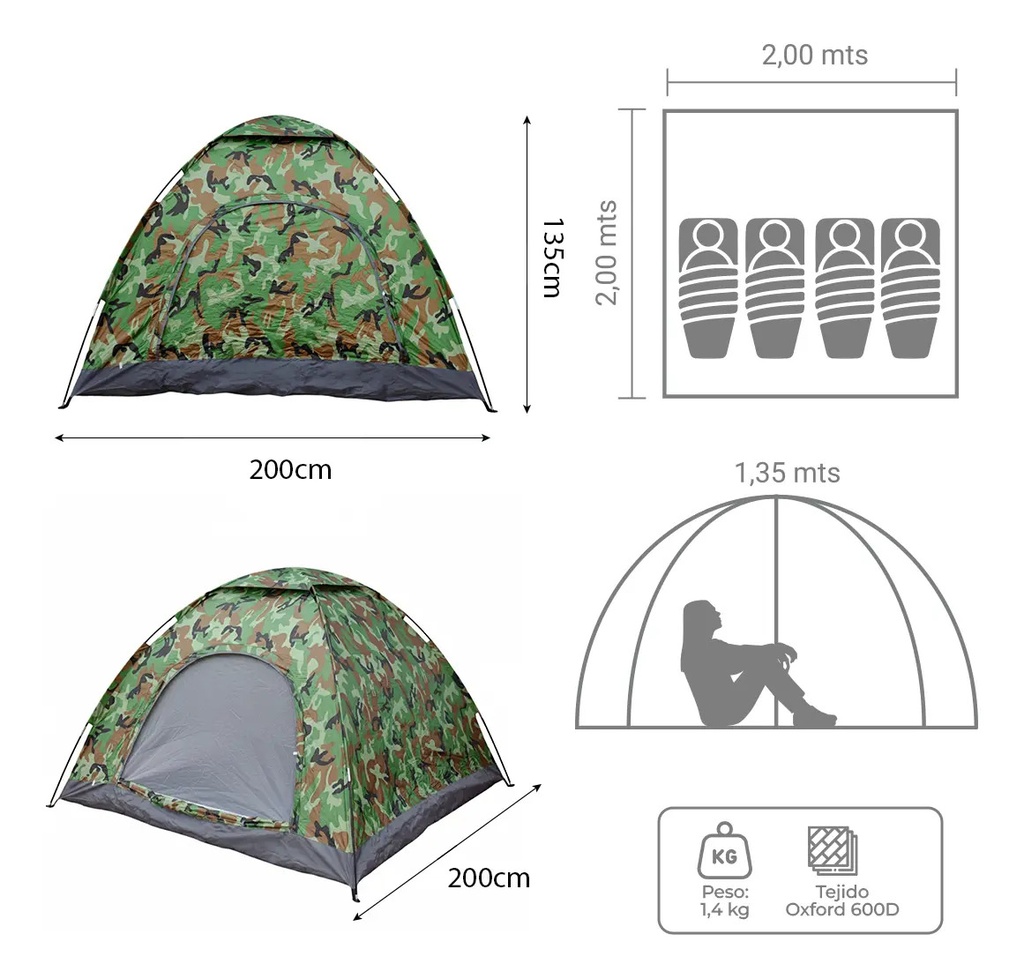 Carpa 4 Personas Dakota Automática 200x200x135cm Color Verde Militar