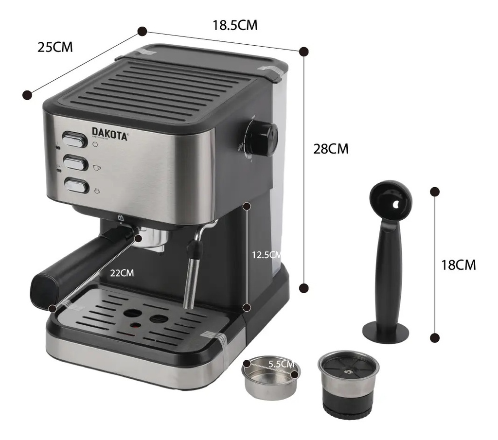 Cafetera Expresso 2 En 1 Dakota Con Espumador 20 Bares 1,5l Color Plateado