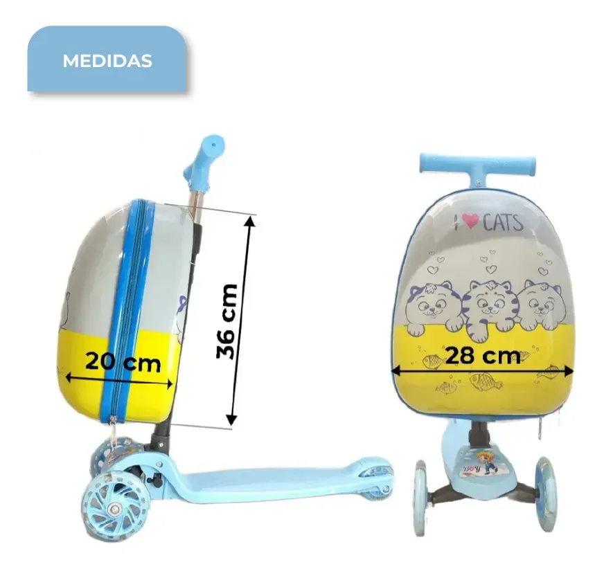 Monopatín Dakota 3 Ruedas Celeste Con Mochila Y Luces Led Diseño Gatos