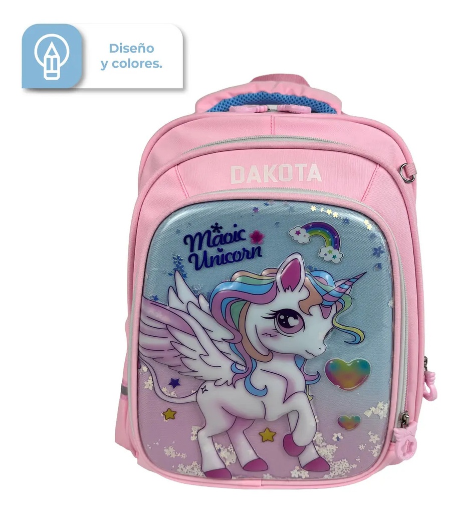 Mochila Escolar Infantil Dakota Unicornio Rosa 100% Poliéster