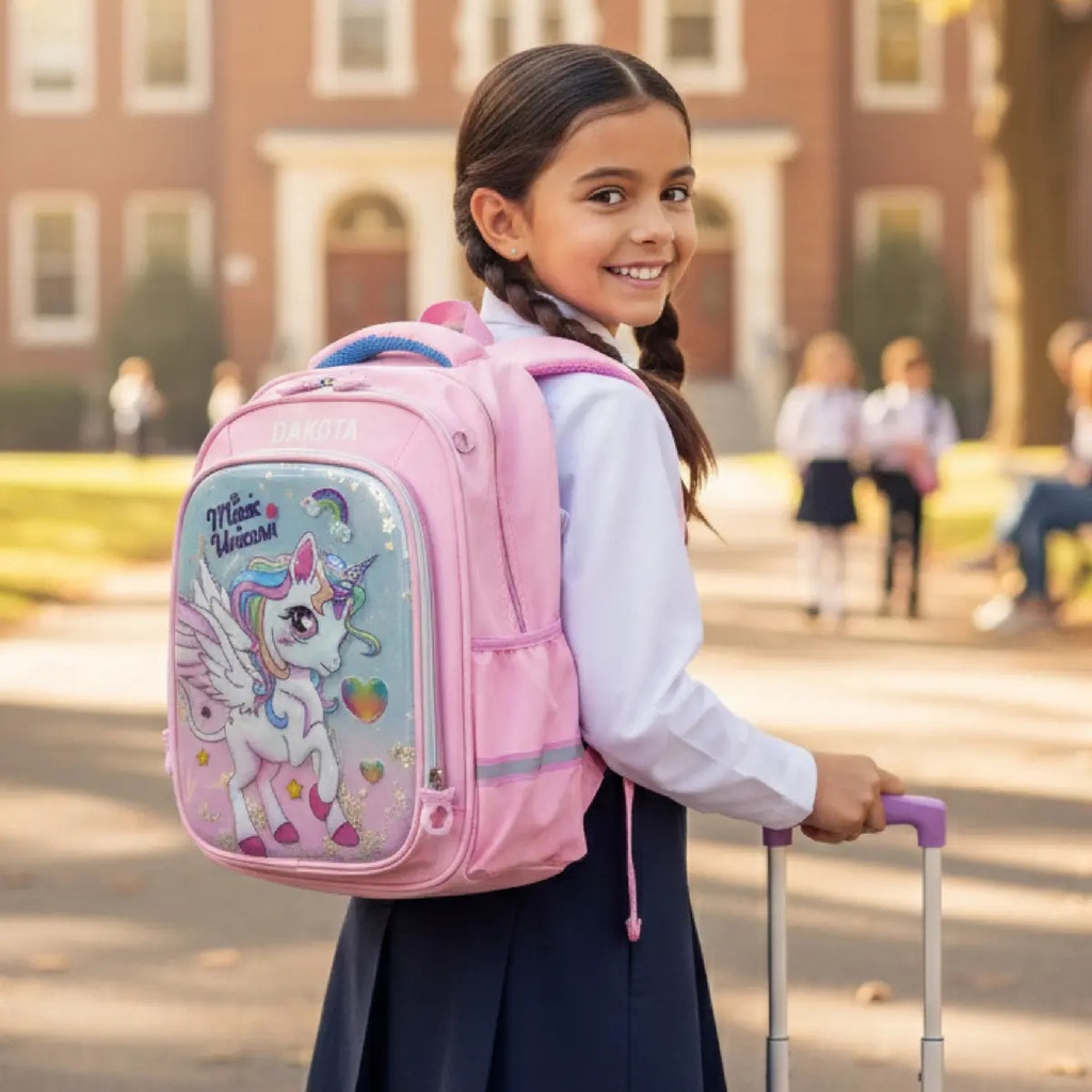 Mochila Escolar Infantil Dakota Unicornio Rosa 100% Poliéster