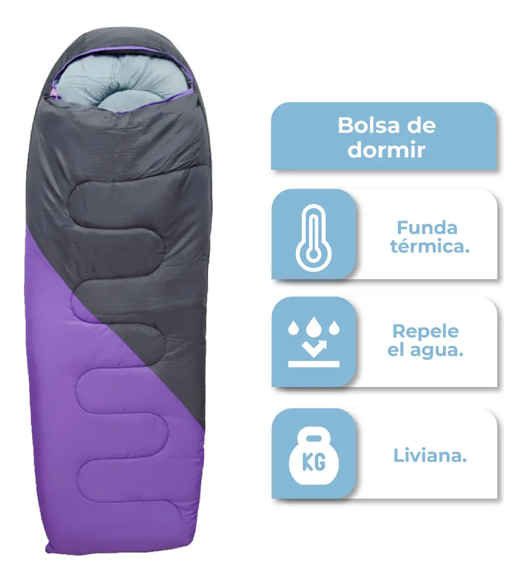 Combo X2 Bolsas De Dormir Térmica Con Capucha Impermeable Dakota Rectangular -5°c A 20° C Violeta-gris02 Derecho-inferior
