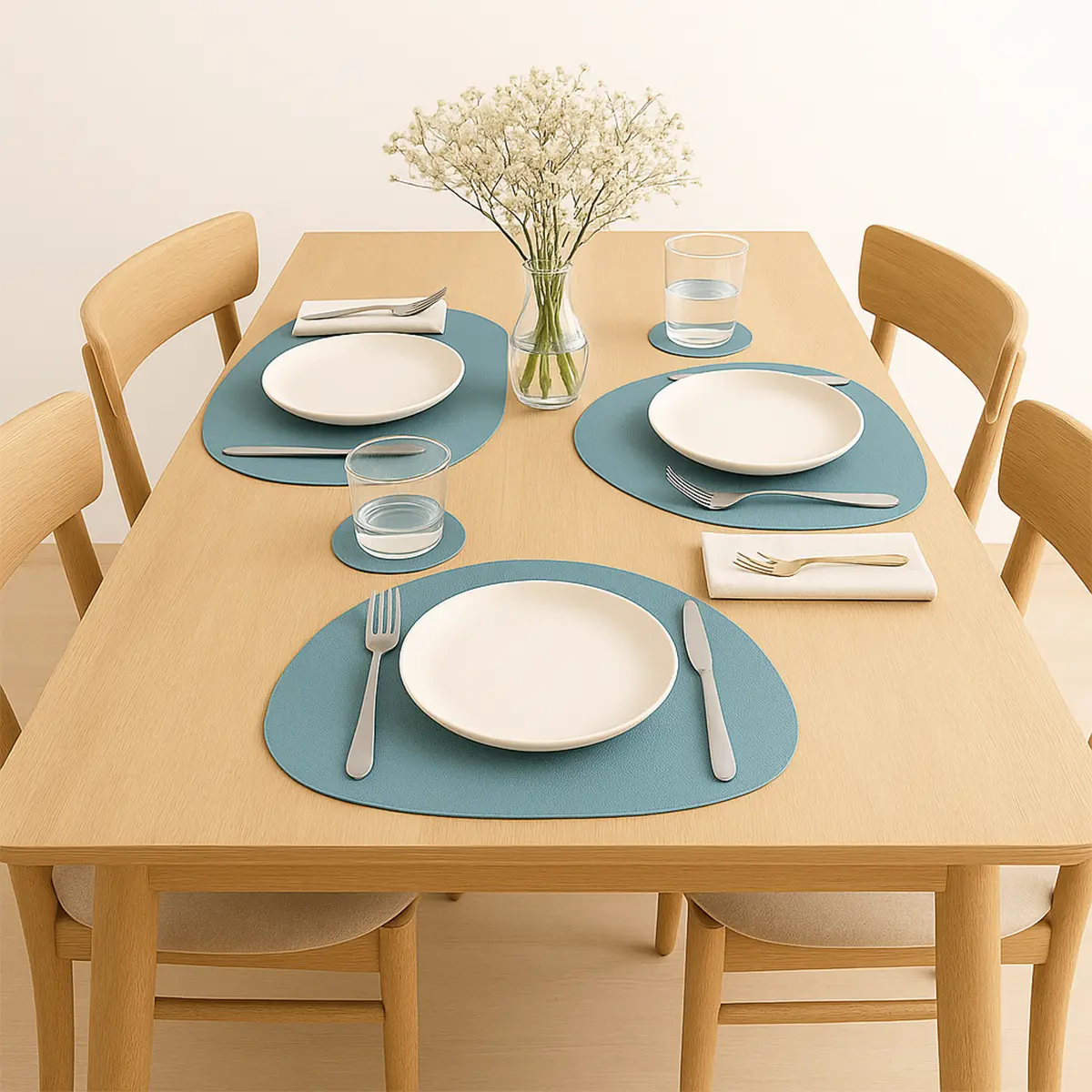 Set X 6 Individuales + 6 Posavasos De Mesa Dakota Porta Cubierto De Mesa Pvc Deco Lavable Color Azul Liso