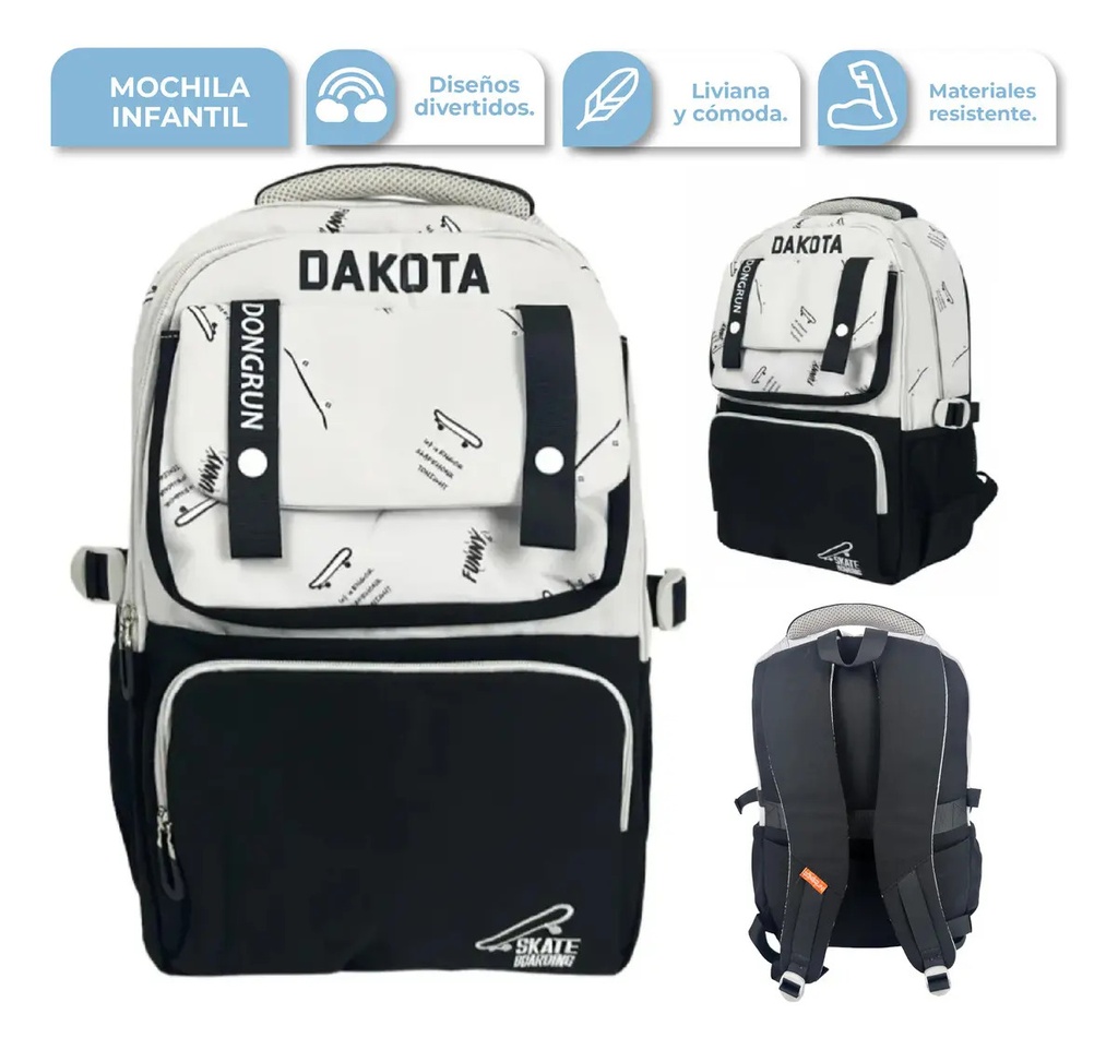 Mochila Urbana Dakota Con Cierre Reforzado Compartimentos Bolsillo Frontal Gris Con Negro Liso
