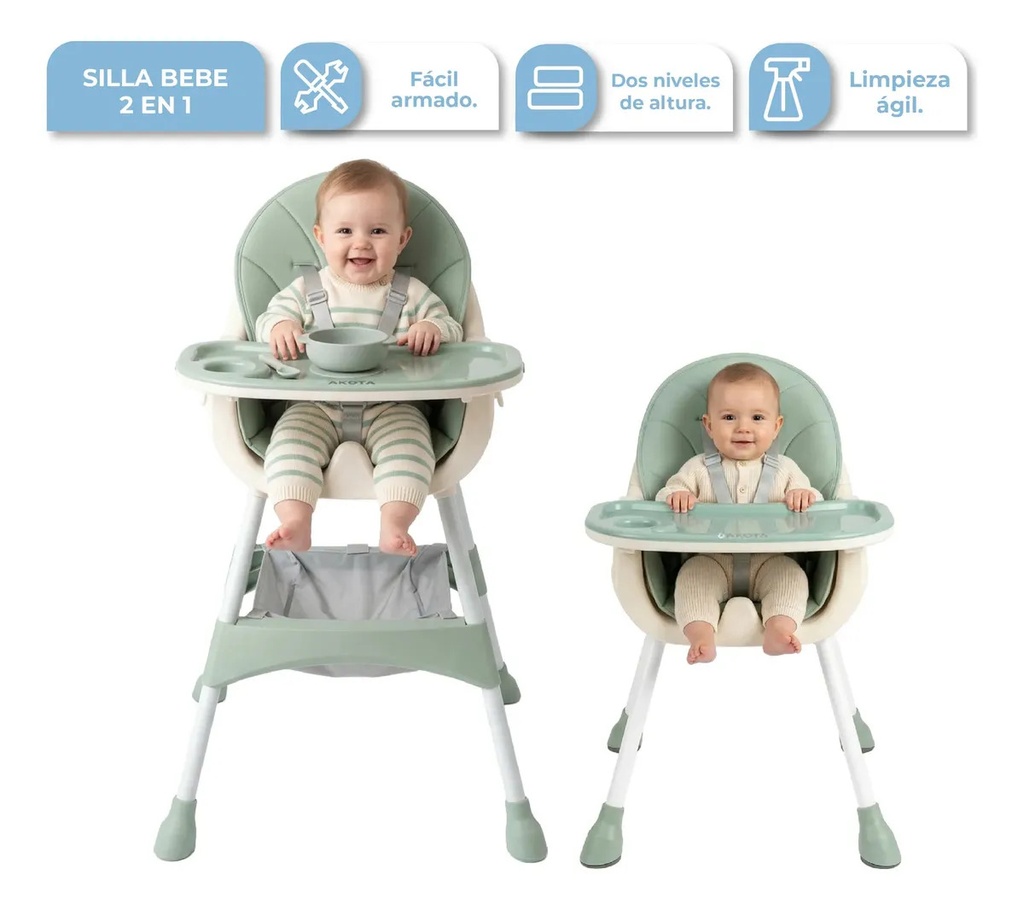 Silla De Comer Bebé 2 En 1 Plegable Dakota Verde Alta Baby Verde Agua