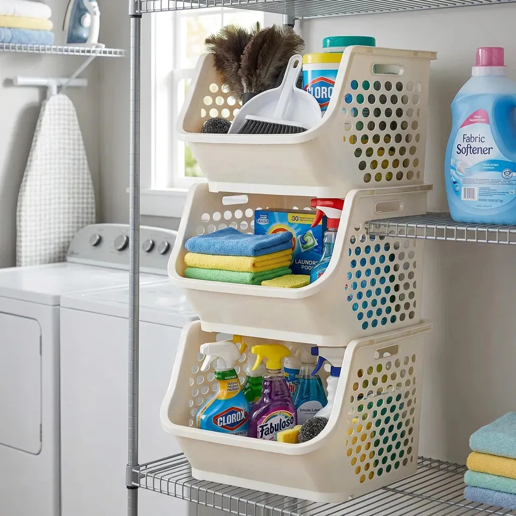 Combo X 3 Canasto Organizador Apilable Dakota Plástico Encastrable Multiuso Beige
